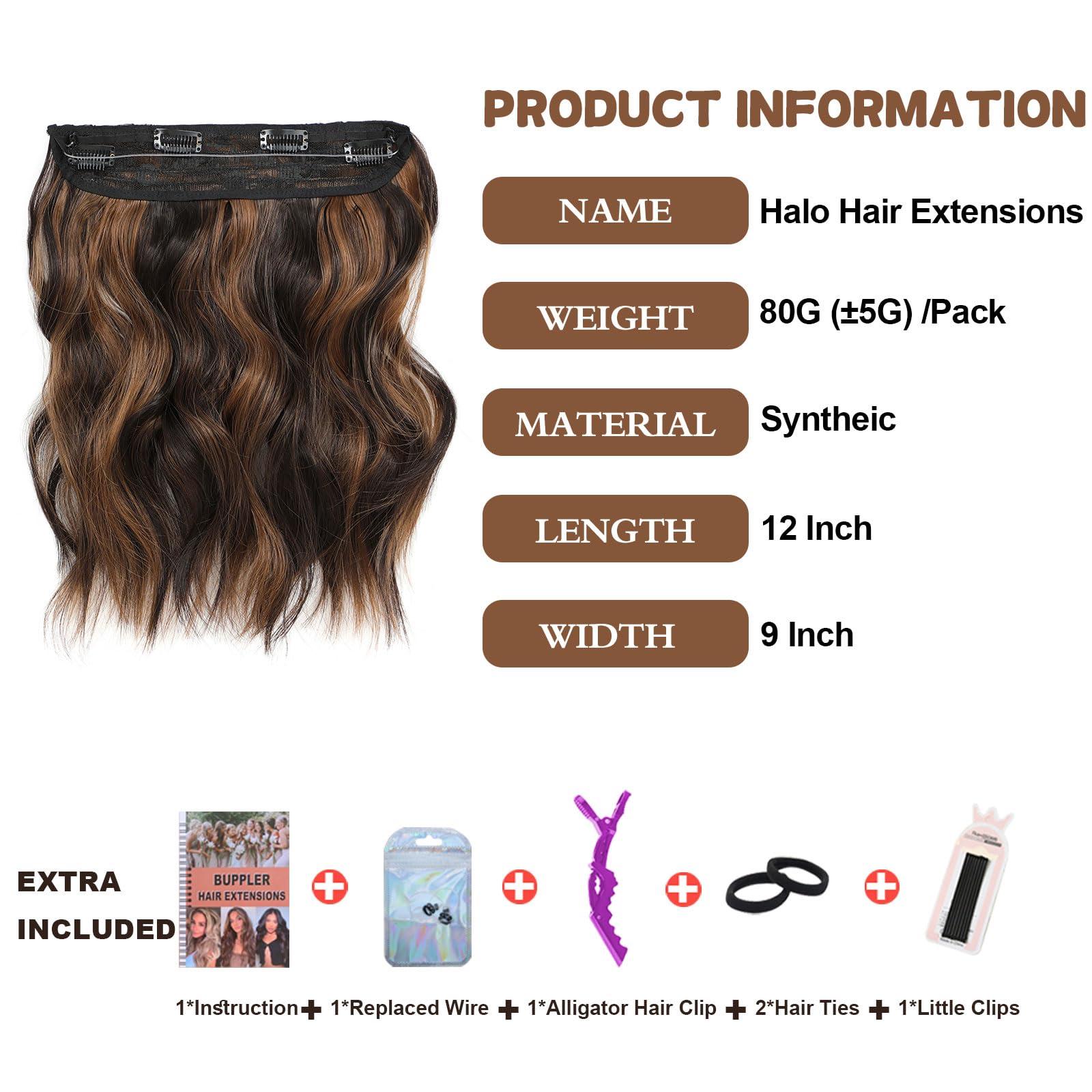BUPPLER BUPPLER Halo Hair Extensions 12 Inch Invisible Wire Hair Extensions Adjustable Long Wavy Hair Extensions Synthetic Upgrade 4 Secure Clips in Hairpieces 12 Inch, Dark Brown Mix Medium Brown