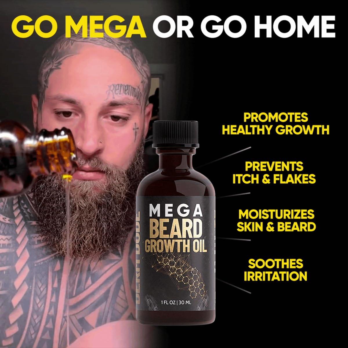 Derm Dude Derm Dude Mega Beard Growth Oil for Men | Formulated with Castor Oil & Jojoba Oil for Hair Growth | Promotes Thicker, Fuller Beard, Hydrates & Softens Facial Hair, Non-Greasy Grooming Treatment - 1 oz