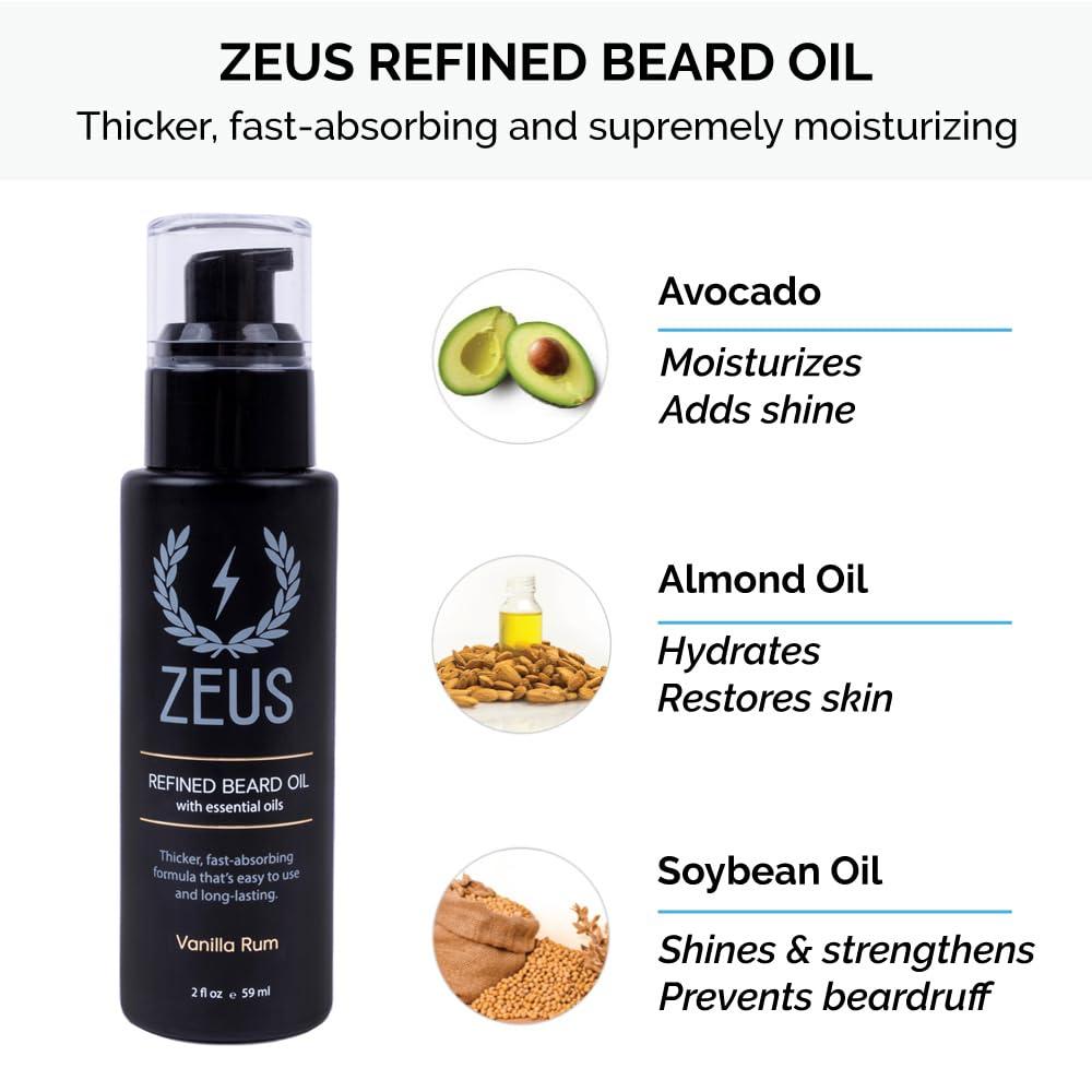 ZEUS ZEUS Beard Starter Kit for Thick Beards, Natural Beard Shampoo, Beard Conditioner & Premium Refined Beard Oil (Vanilla Rum) MADE IN USA