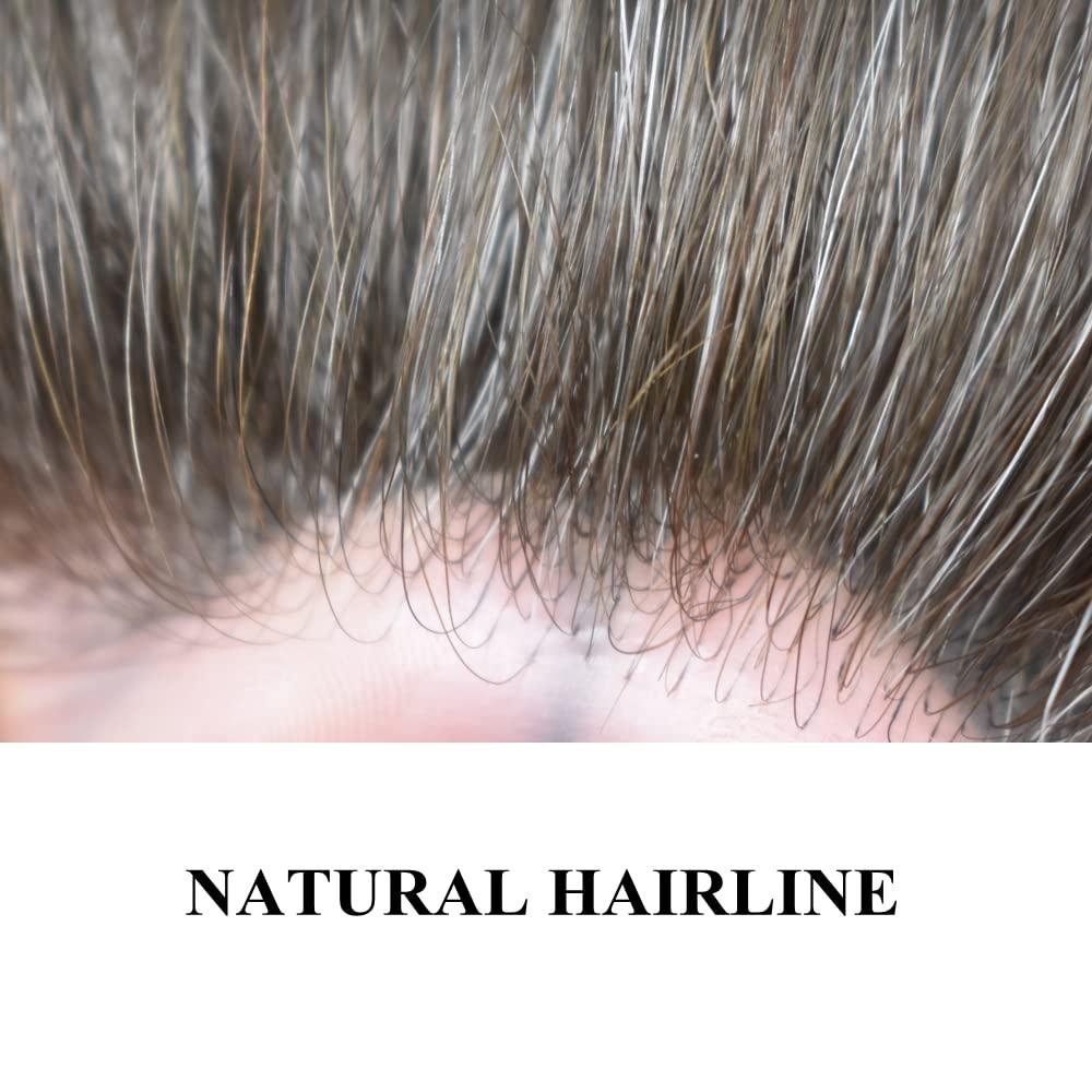 JUST HAIR PU Skin Toupee for Men European Human Hair Pieces for Men Hair Replacement System 10x8 Inch 0.06MM Ultra Thin Skin V-Looped Mens Toupee Hair Units (100% Density, 1B50# Natural Black With 50% Gray)