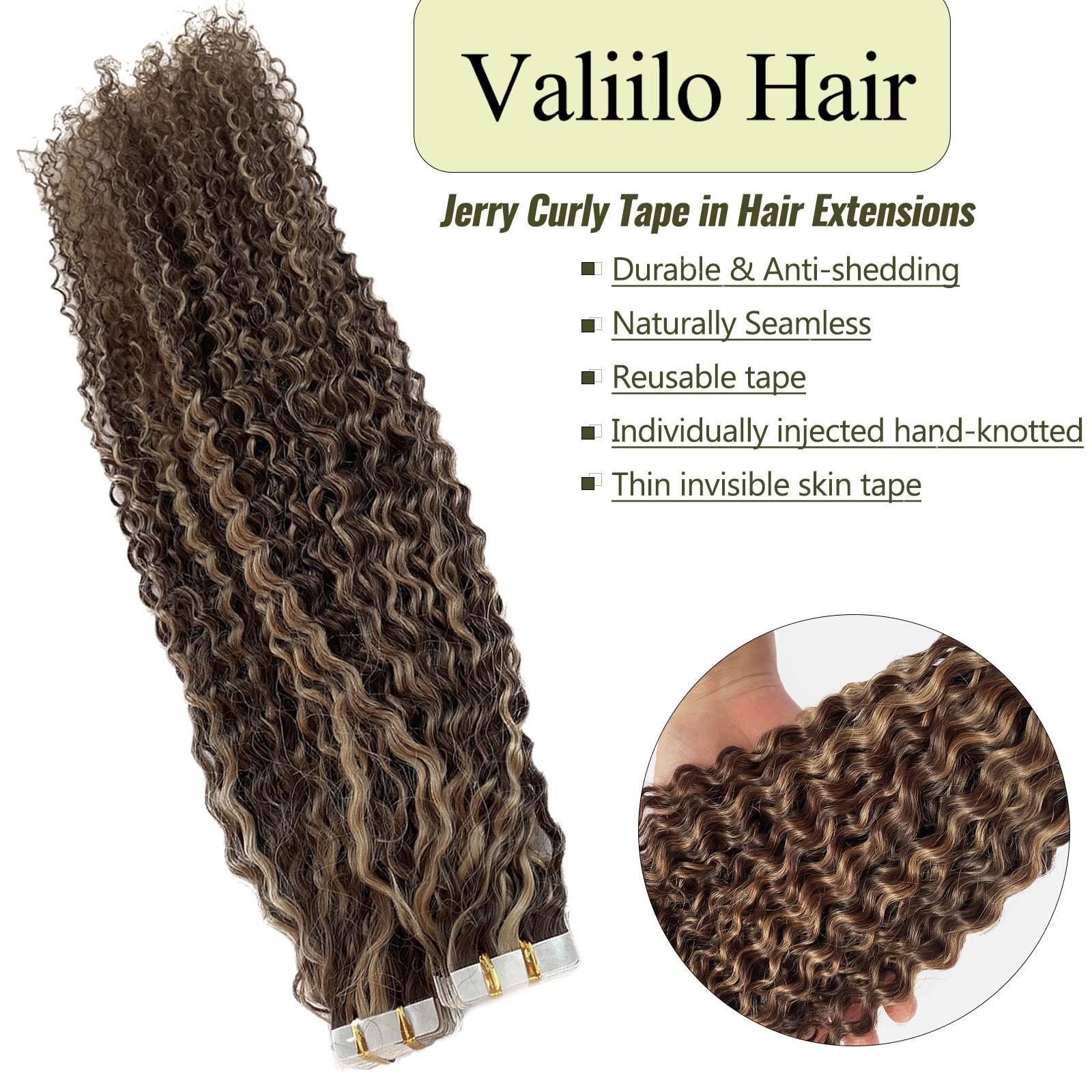 Valiilo Jerry Curly Tape ins Human Hair Extensions, Blonde Tape in Human Hair Extensions Invisible Glue in Remy Hair Brown to Caramel Blonde Highlights Curly Tape on Real Hair 20 Pieces 50 Gram 22 Inch