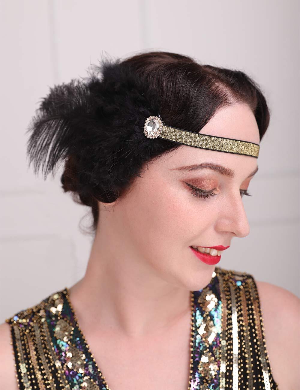 Aimimier Aimimier 1920s Flapper Feather Headband Black with Elastic Hair Band Costume Roaring 20s Feather Headpiece Hair Accessories for Women