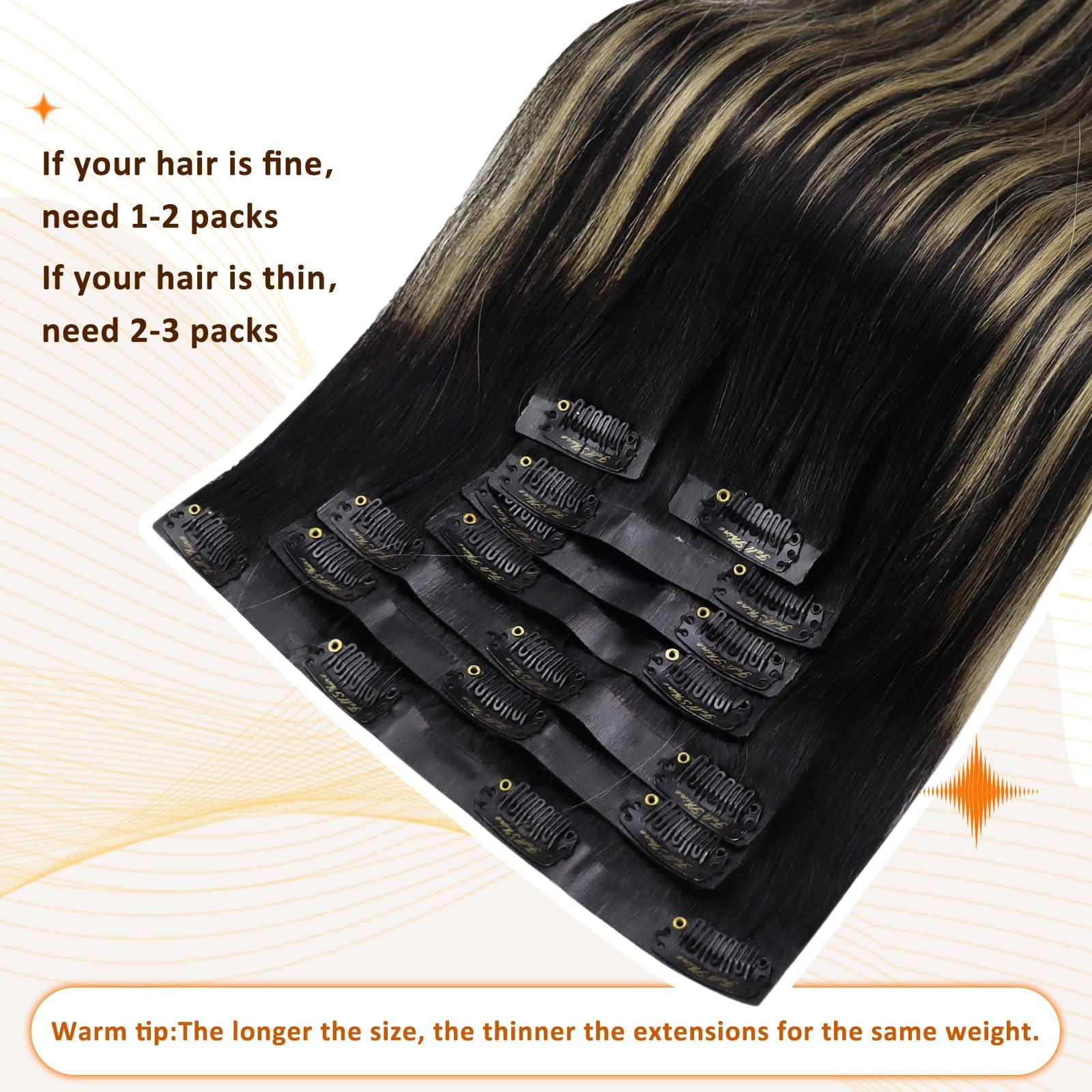Full Shine Full Shine Human Hair Extensions Balayage Clip in Hair Extensions Off Black to Black With Caramel Blonde Hair Extensions Real Human Hair PU Weft Straight Black Blonde Hair Extensions 120Grams 18 Inch