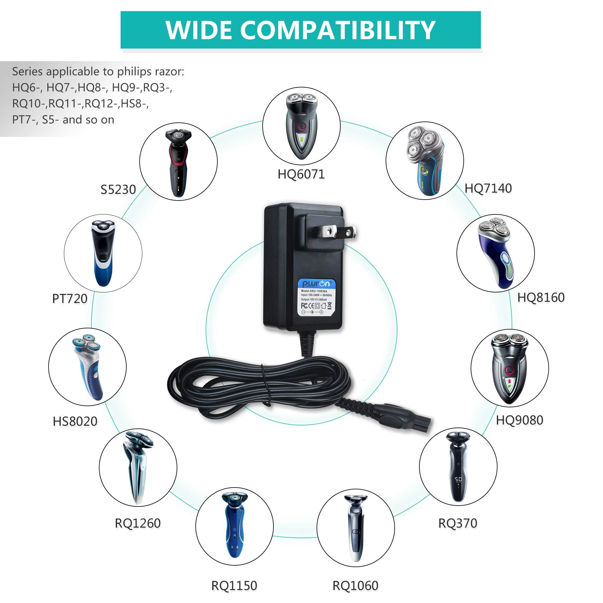 PwrON PwrON Philips Razor Charger, 15V 5.4W AC DC Adapter (6.6ft) Fits for Philips Norelco HQ8505/8500X Shaver Razor HQ RQ QC QT at PT XL HS Series, HQ6070 AT810 PT720 RQ1250 S5000 7867XL QT4050 YS524