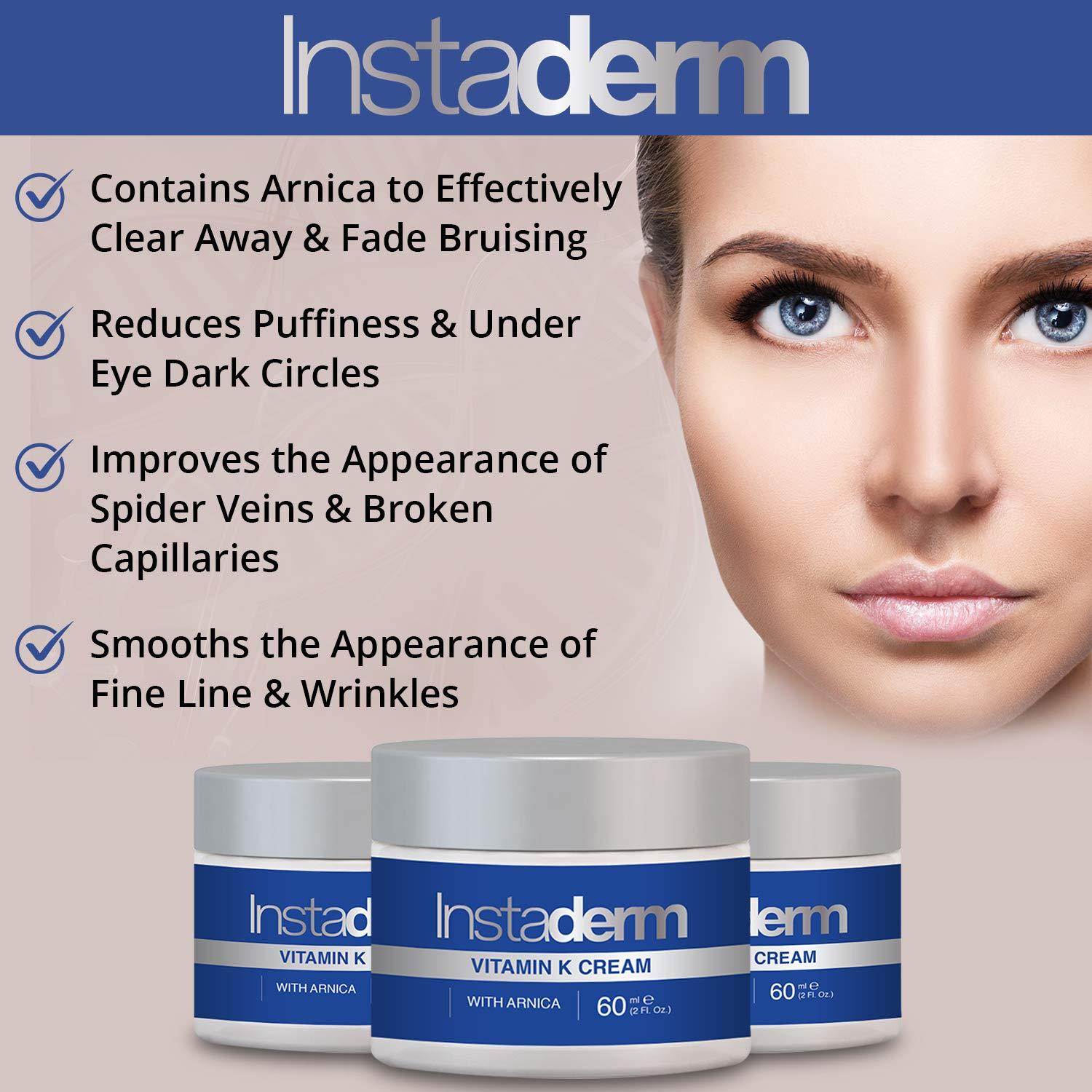 Instaderm Instaderm Vitamin K Cream- Bruise Healing Formula with Arnica. Dark Spot Moisturizer for Bruising, Spider Veins & Broken Capillaries. Repair Under Eye Dark Circles, & Puffiness.