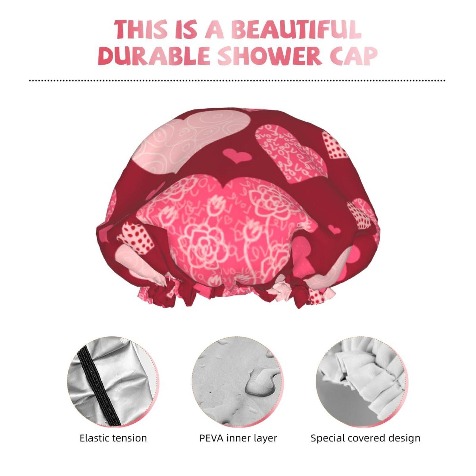 YIPOCH Pink Floral Plaid Hearts Large Shower Cap for Women Men Shower Caps for Women Reusable Waterproof Hair Cap Double Layers Showercap With PEVA Lined & Elastic Band Fashion Shower Bonnet