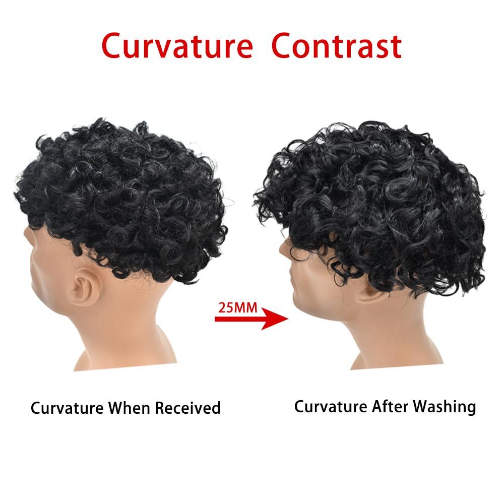 Generic Mens Curly Hair Toupee Wavy Human Hair Pieces For Men Fine Mono Toupee Curly Hair System For Men Hairpieces Protesis Capilar Para Hombre 8X10#1B Off Black 25MM Curl