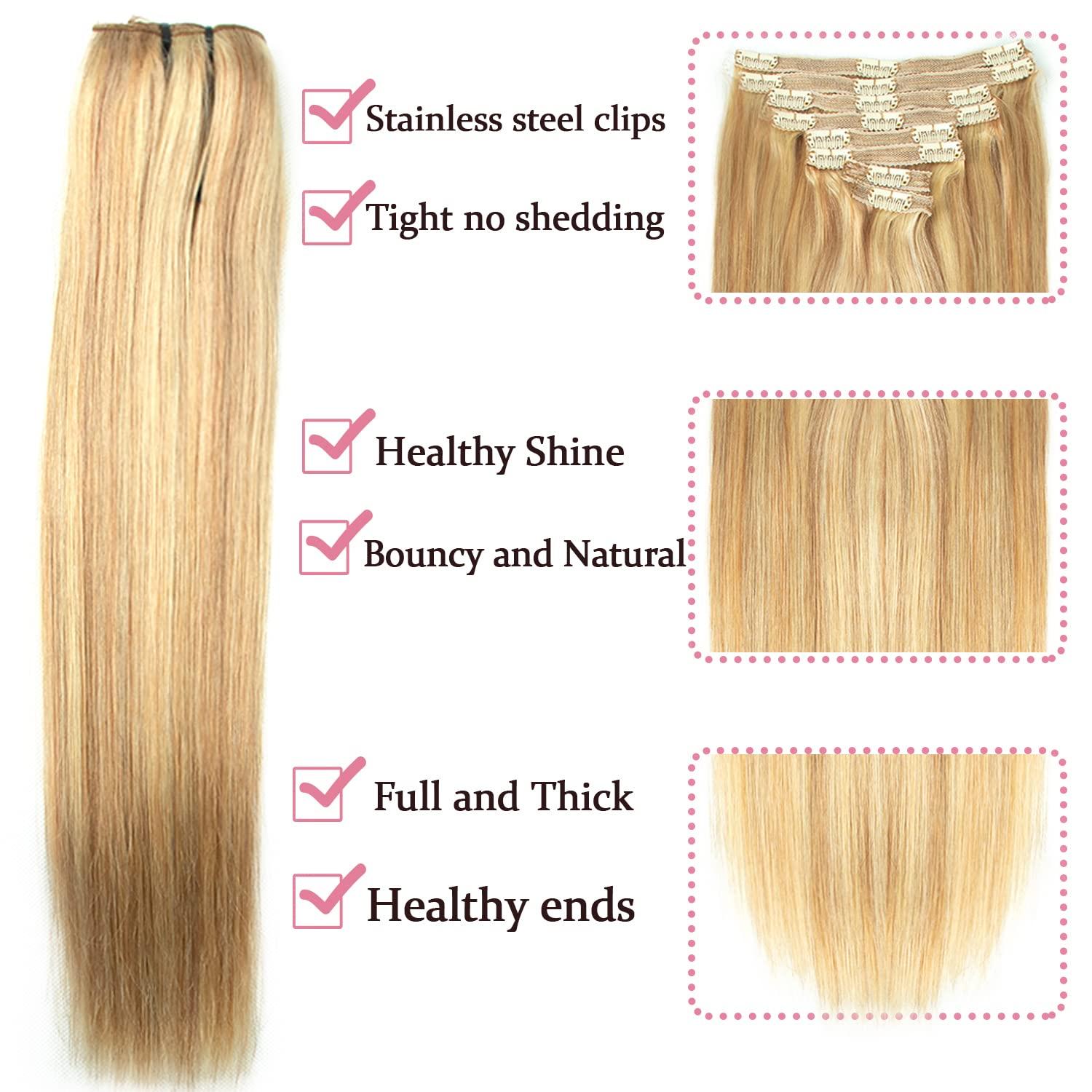 Tahikie Human Hair Clip in Extensions Dark Blonde Highlighted Bleach Blond Full Head Silky Straight Clip in Natural Remy Human Hair Extensions 120g 8pcs (22 inch, 18/613)