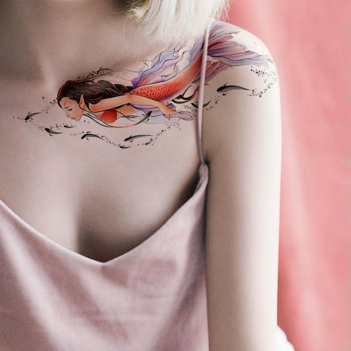GoDdis Mermaid Collarbone Ancient Style Fairy Tattoo Stickers Temporary Tattoos Fake Tattoo Waterproof Long-Lasting Ink Shoulder Scar Cover Feminine