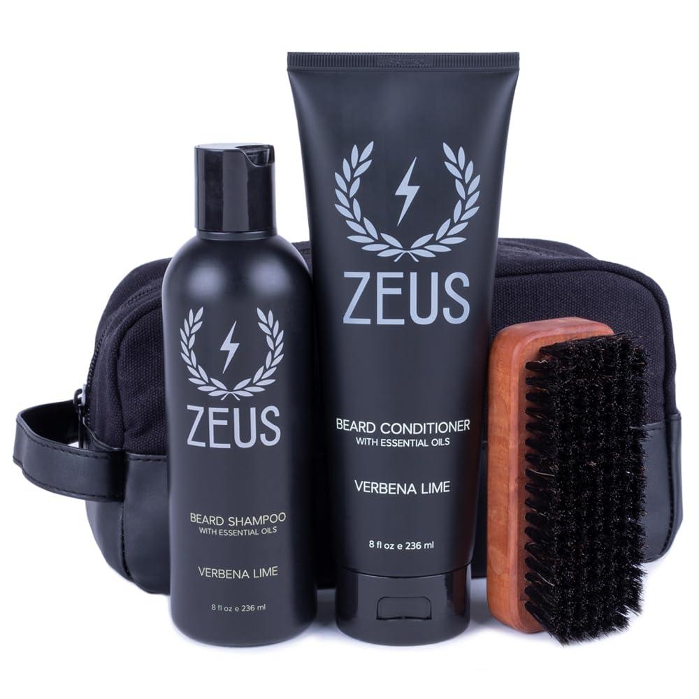 ZEUS ZEUS Starter Beard Wash Kit with Travel Toiletry Dopp Bag - Beard Wash Shampoo & Conditioner, Beard Brush & Travel Toiletry Bag (Verbena Lime)