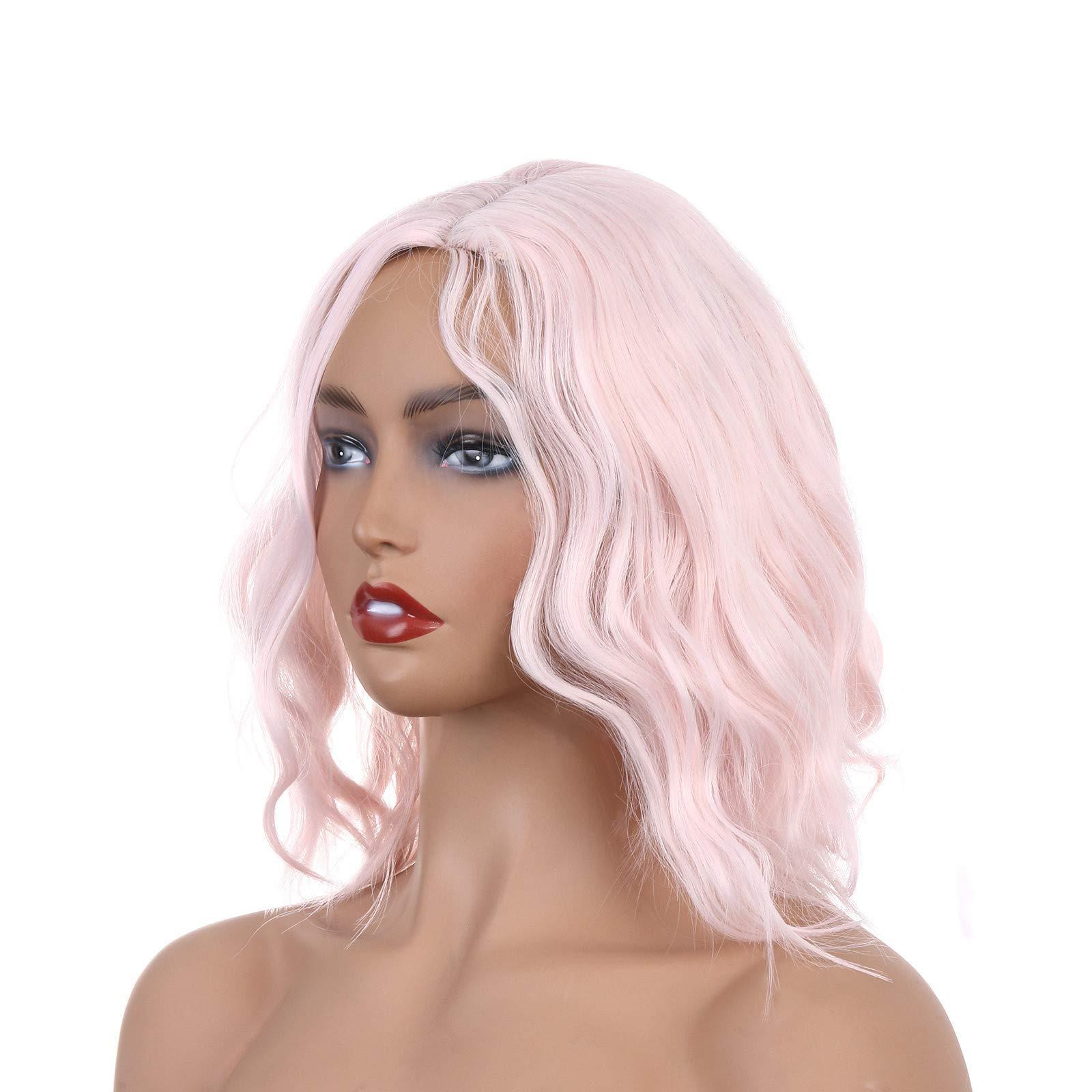 Aubatece Aubatece Face And Hair Steamer Wig American And Cosplay Female Headgear European Short Pink Curly wig Curly Lace Front Wig Human (Pink, One Size)