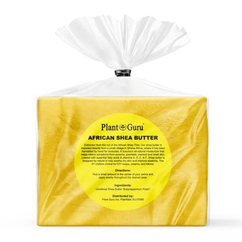 Plant Guru Raw African Shea Butter 5 lbs. Bulk Block 100% Pure Natural Unrefined YELLOW - Ideal Moisturizer For Dry Skin, Body, Face And Hair Growth. Great For DIY Soap and Lip Balm Making.