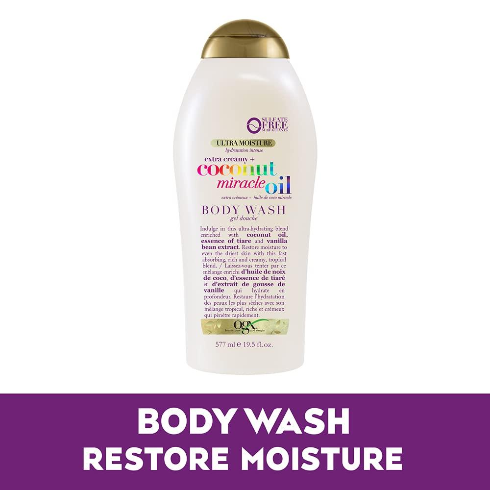 OGX OGX Extra Creamy + Coconut Miracle Oil Ultra Moisture Body Wash, 19.5 Fl Oz & Pink Sea Salt & Rosewater Gentle Soothing Body Scrub, Light Exfoliating Body Wash, Sulfate-Free, 19.5 Ounce, 1.0 Count