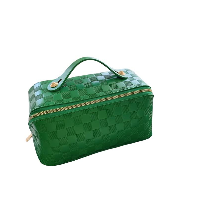 Generic Large Capacity Travel Cosmetic Bags Plaid Checkered Makeup Bag Portable Multifunctional PU Leather Waterproof Skincare Bag with Handle and Divider (Green)