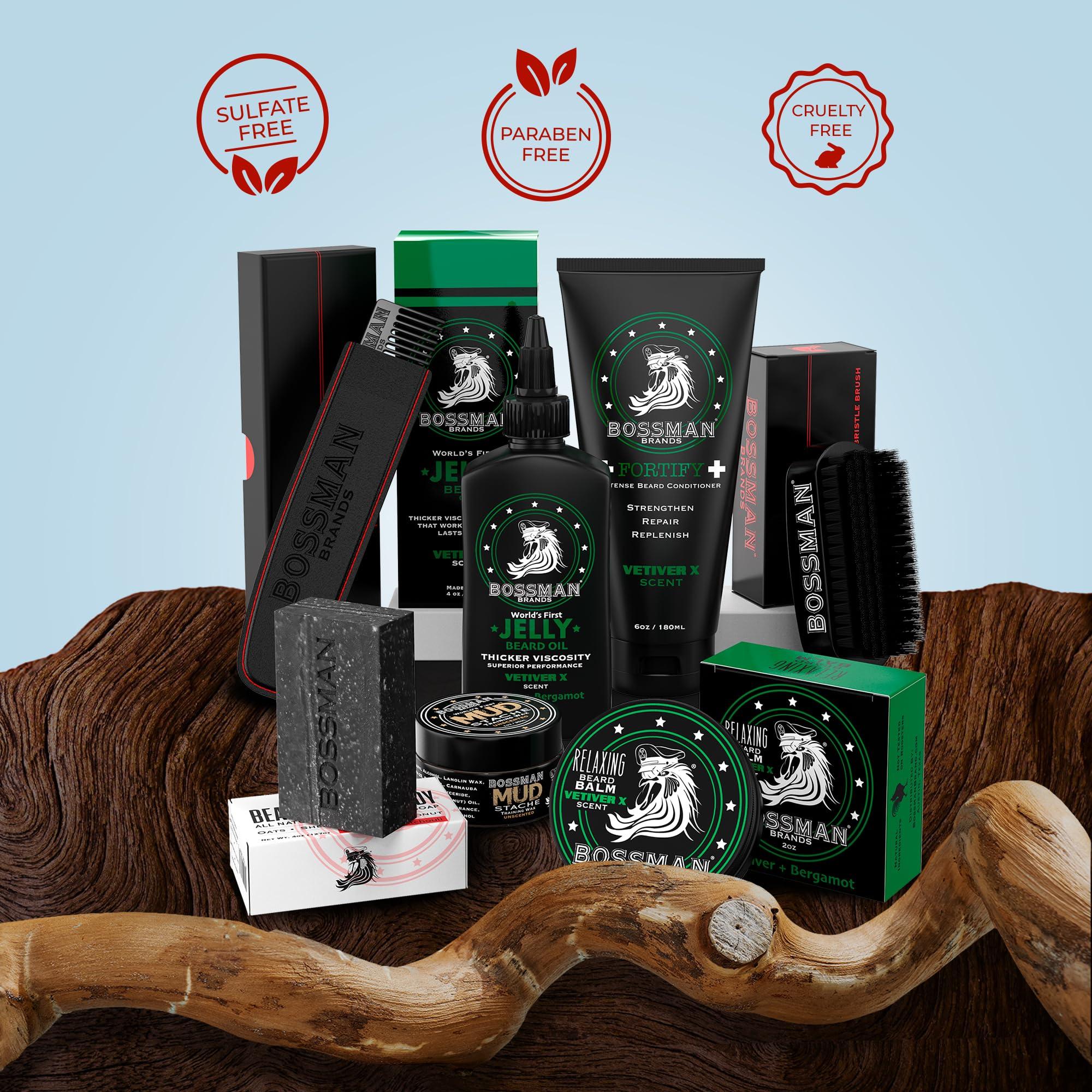 Bossman Bossman Big Boss Beard Care Kit for Men - 7 Piece Beard Grooming Kit with Jelly Beard Oil, Beard Conditioner, Beard Balm, MUDstache Wax, Bar Soap, Metal Comb, Brush - Mustache Kit (Vetiver X)