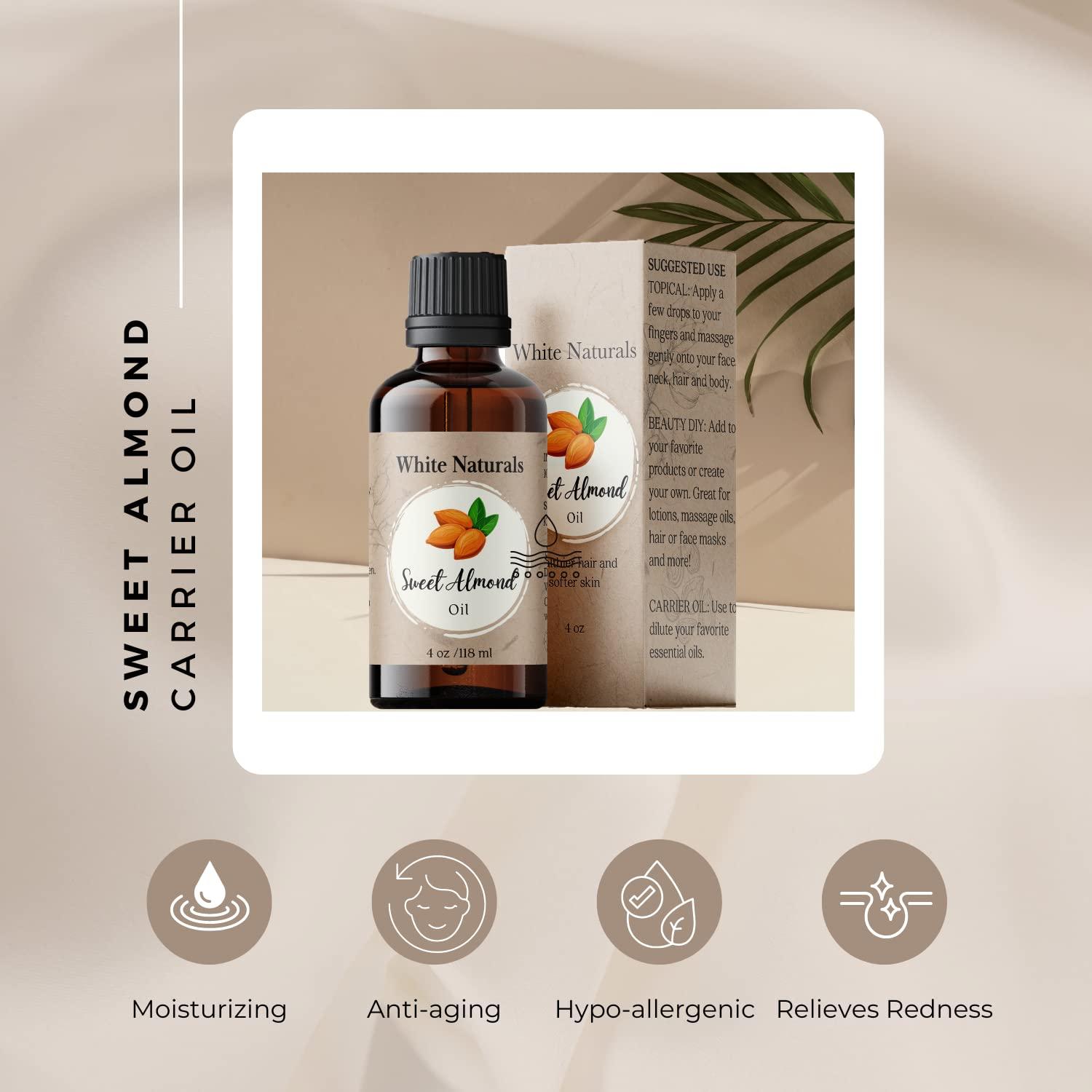 White Naturals Sweet Almond Oil for Hair and Skin, 100% Pure and Natural Cold Pressed, Hexane Free, Skin Moisturizer, Nails, Therapeutic Massage, Carrier Oil