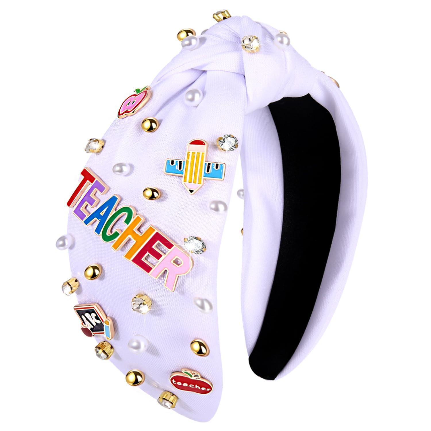 CEALXHENY Teacher Headband, Teacher Accessories, Crystal Pearl Knotted Headband for Women Cute Book Pencil Teach Charms Embellished Jeweled Top Knot Headband, Teacher Appreciation Gifts (Pattern G)