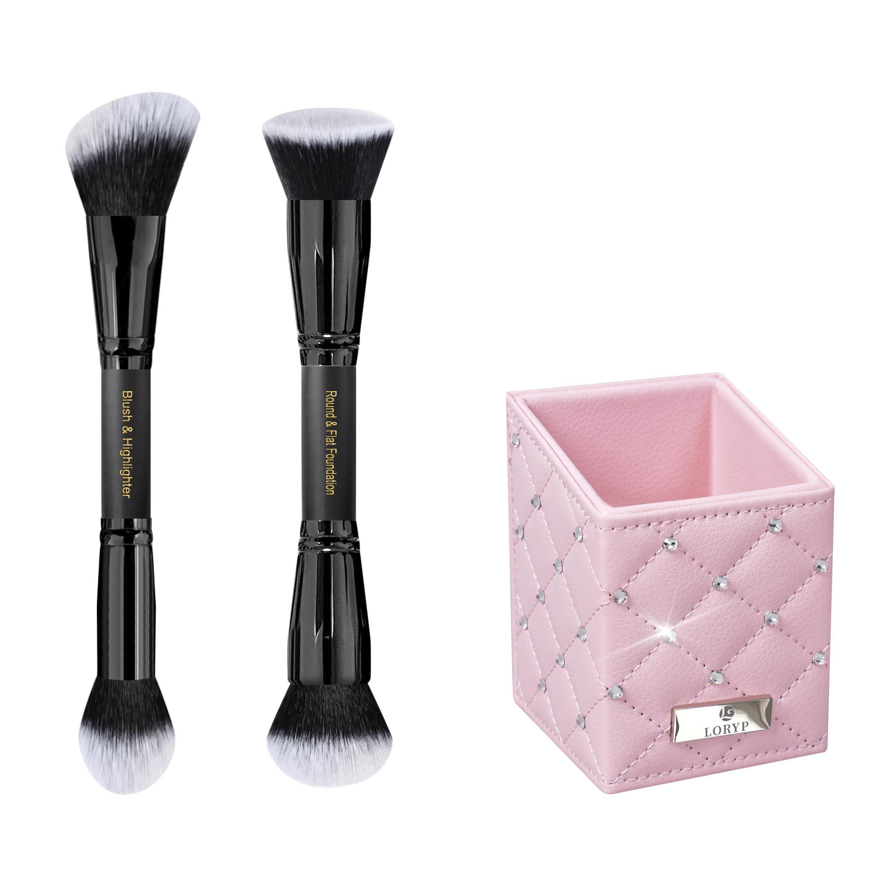 LORYP LORYP Black Makeup Brushes 2Pcs Duo End Foundation Powder Brush Set with Makeup Brush Holder Crystal