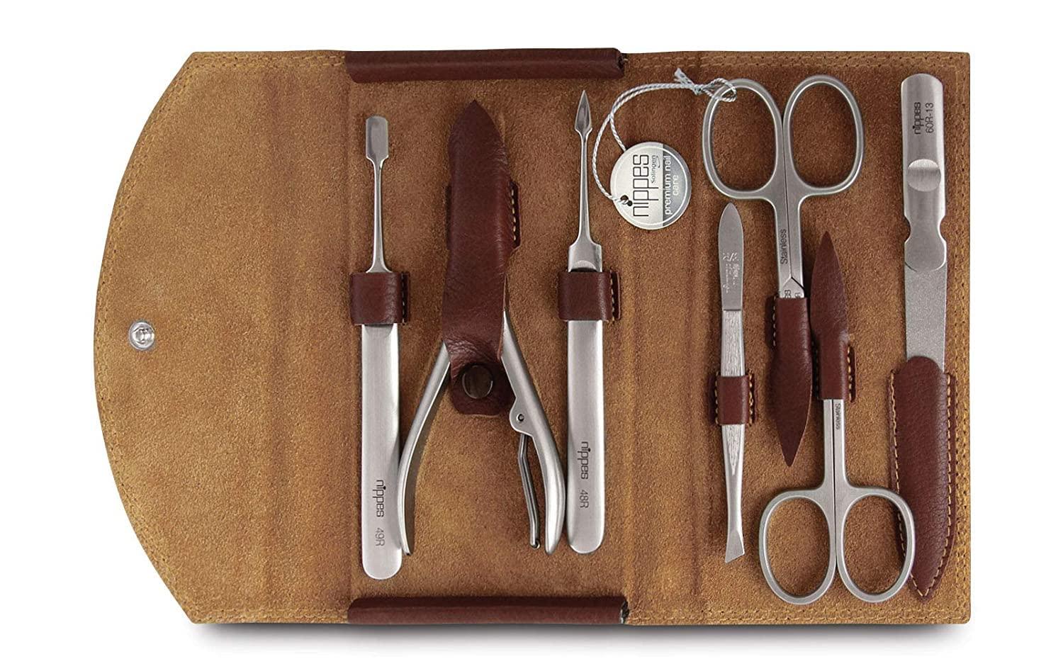 Nippes Nippes Solingen Manicure Set, 7-Piece, Stainless Steel, Nickel-Free, Genuine Brown Cowhide Leather Case Made In Solingen Germany