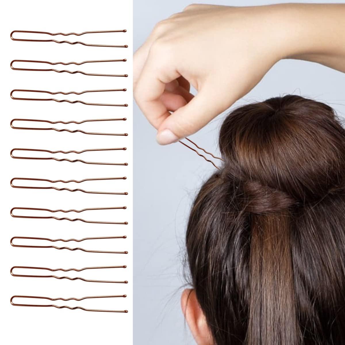 Tenalleys 100 PCS Invisible Wave Hairgrip U Shaped Hair Pins Kit Large Heavy Duty Crinkled Hair Pins for Women and Ballet Bun with Box (2.4 in, Brown )
