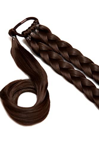 LullaBellz LullaBellz Synthetic Hair Extension Double Up Braid Grande 26 Length, Chocolate Brown Hairband Base, Pre-Sectioned Hair with Clear Elastics 2 Hair Grips, 2 Elastic Bands Suits All Hair Types