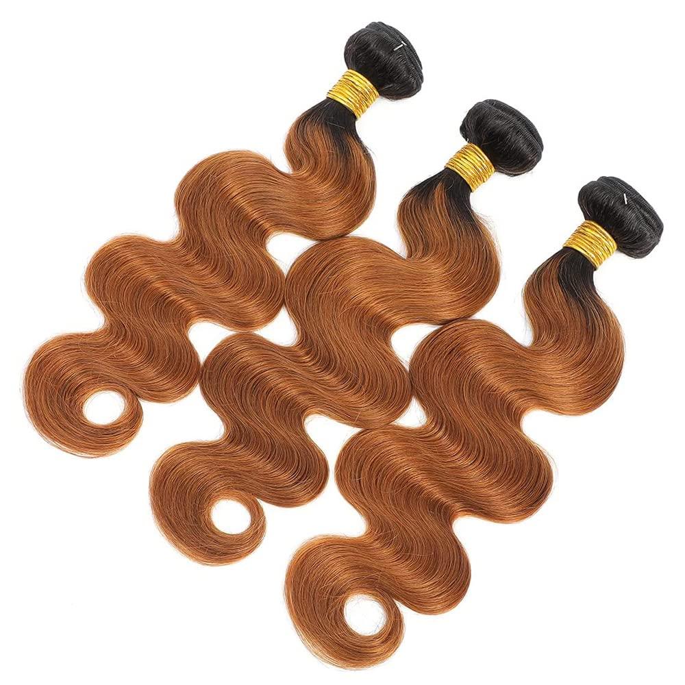 ZevPiul Ombre Body Wave Bundle 1b/30 Human Hair Bundles 8A Brazilian Virgin Brown Human Hair 3 Bundles 18 20 22 Inch Two Tone Dark Roots to Brown Bundles Human Hair Extensions