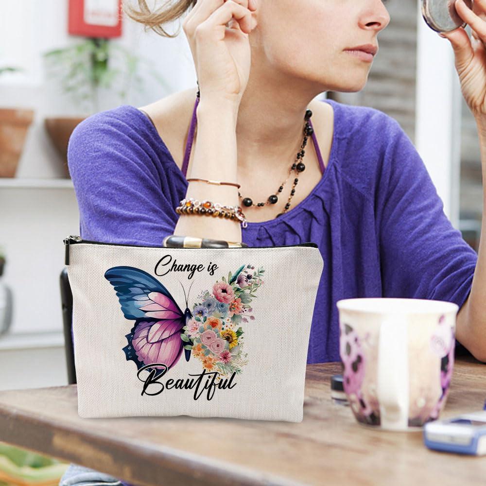 heshengzaixian heshengzaixian Butterfly Inspirational Quotes Makeup Bag for Gilrs Woman,Change is Beautiful Motivation Cosmetic Bag, Portable Waterproof Linen Toiletry Beauty Bag Travel Case Accessories Pouch