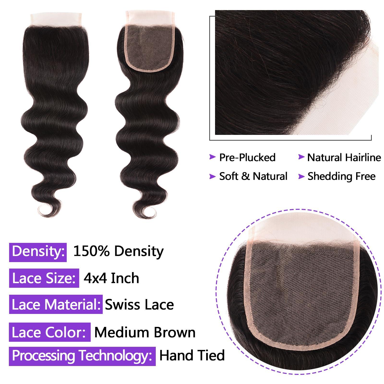 feiyunpanda Human Hair Bundles with Closure Free Part (20 22 24+18) Body Wave 3 Bundles with Closure 10A Unprocessed Brazilian Virgin Human Hair Weave Bundles with 4X4 Lace Closure 150% Density Natural Color
