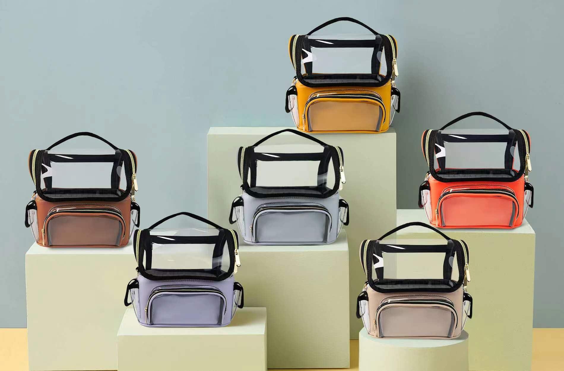 OEIPSMK OEIPSMK Makeup Brush Case, Clear Makeup Organizer Bag with Pockets Transparent Professional Makeup Bag Makeup Travel Makeup Artist Bag with Shoulder Strap and Adjustable Dividers, Black, Light Purple