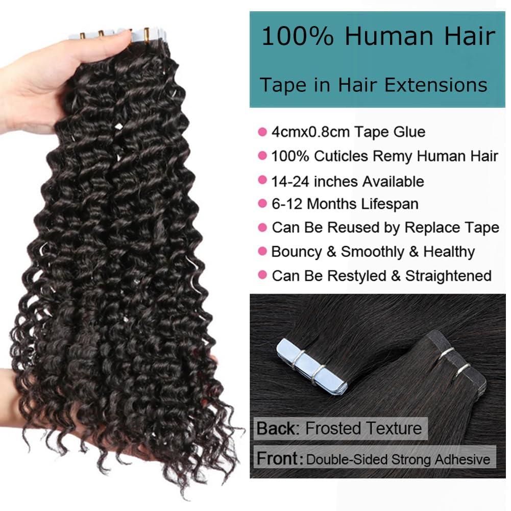 Kiss darling LASHES 14inch Tape in Hair Extensions Natural Black Jerry Curly Human Hair Extensions PU Skin Weft Adhesive Tape ins for Women 100g/40pcs Full Head Natural Black 1b