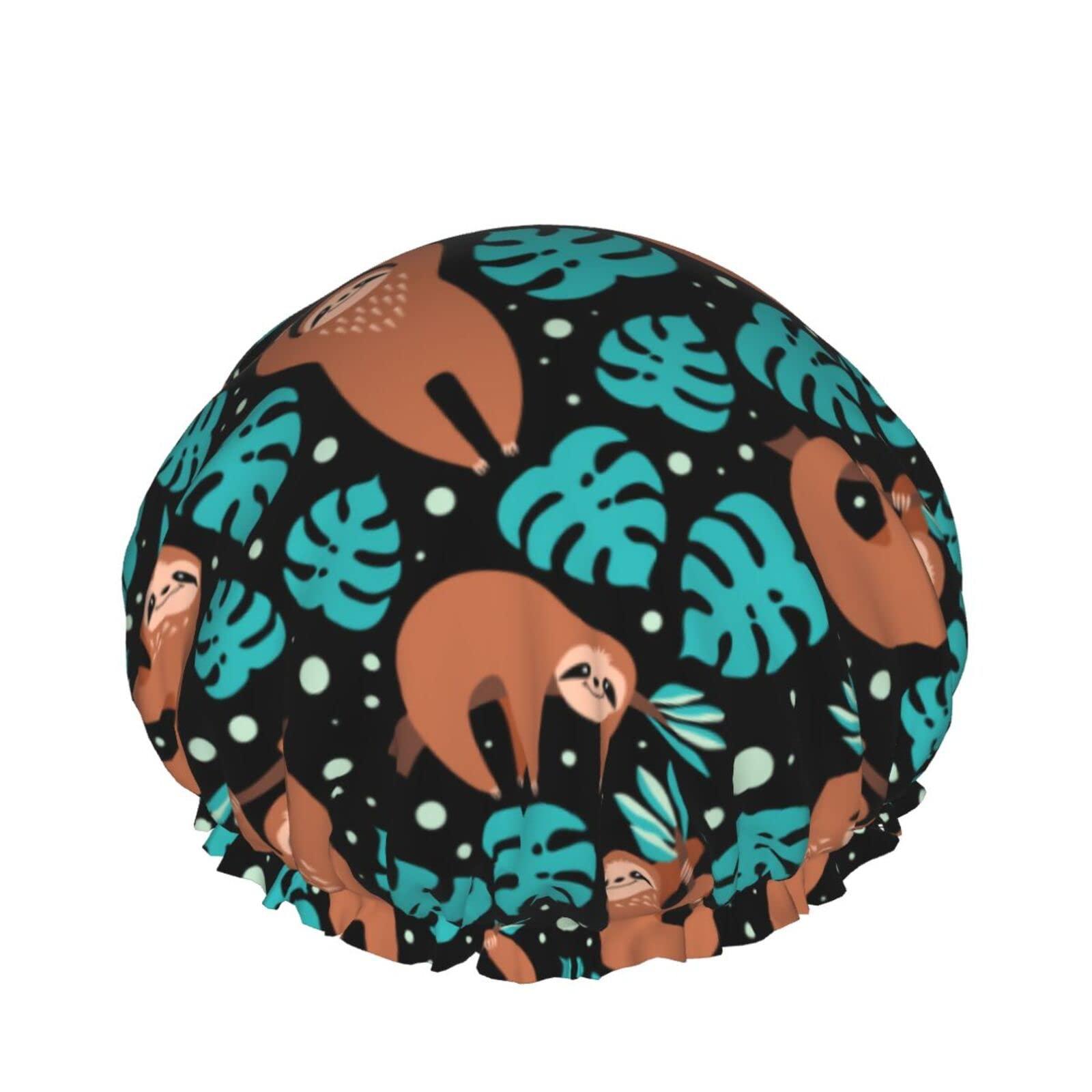 IDNUYIA Cute Sloth Shower Cap For Women, Layers Bathing Shower Reusable Elastic Band Stretch Hem Hair Hat