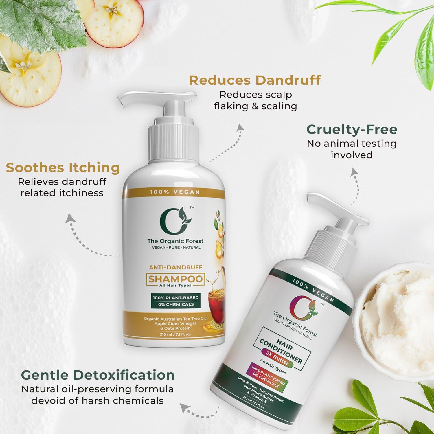 The Organic Forest  VEGAN . PURE . NATURAL Organic Anti Dandruff Shampoo and Conditioner Set | Infused with Apple Cider Vinegar, Tea Tree Oil & Shea Butter | Sulfate-Free, Hydrating, Frizz Control | Curly Hair, Men & Women, Natural Ingredients