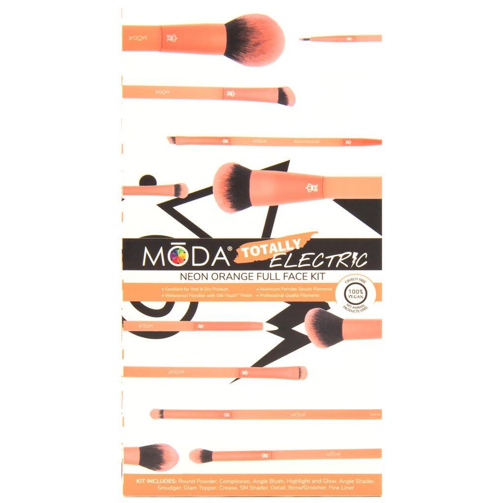 MODA MODA Totally Electric 13pc Full Face Makeup Brush Set, Includes - Powder, Complexion, Blush, Shader, Smudger & Crease Brushes with Zip Case (Neon Orange)