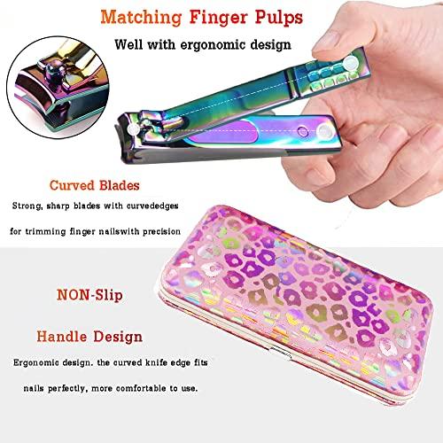 SFYDOM Manicure Set Professional Nail Clippers Kit Pedicure Care Tools- Stainless Steel Women Grooming Kit 18Pcs for Travel or Home (Dot Pattern - Rainbow)