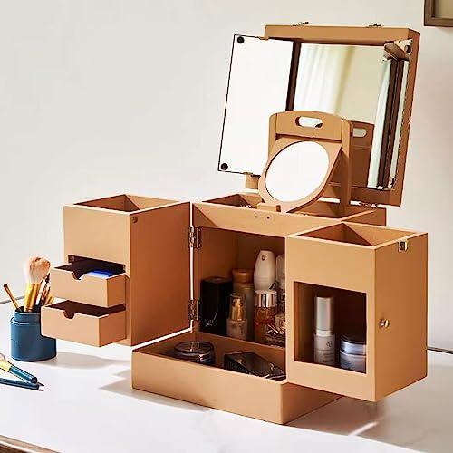BENGAOTH-O Makeup & Jewelry Storage, Solid Wood Makeup Organizer Box,Portable Large Capacity Skincare Storage Cabinet with Mirror, Cosmetic Display Case with Drawers , Brush Perfume Jewelry Lipsticks Holder , Mu