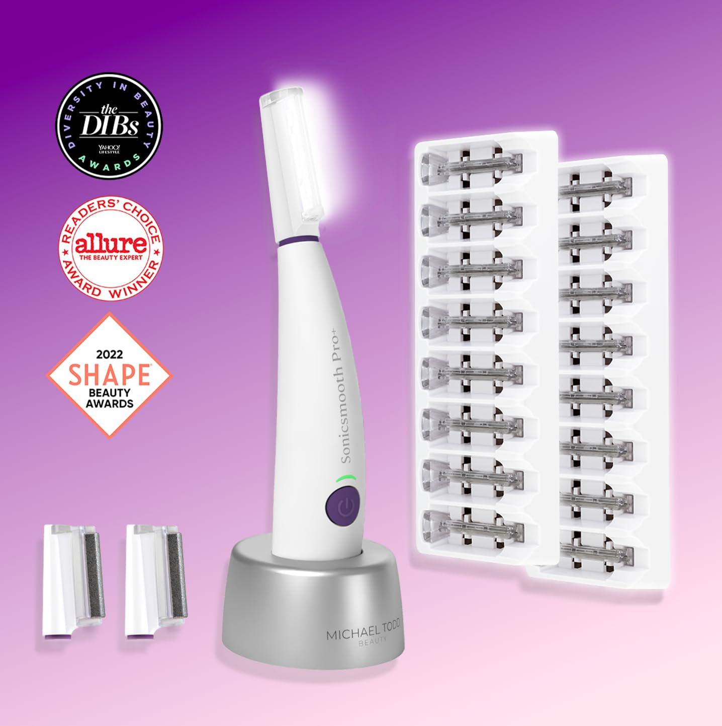 MICHAEL TODD Michael Todd Beauty - Sonicsmooth Pro+ Dermaplaning System with LED Light - 2 in 1 Women\'s Face Exfoliation & Peach Fuzz Hair Remover - 16 Dermaplaning Blades & 2 Microsmooth Microdermabrasion Tips