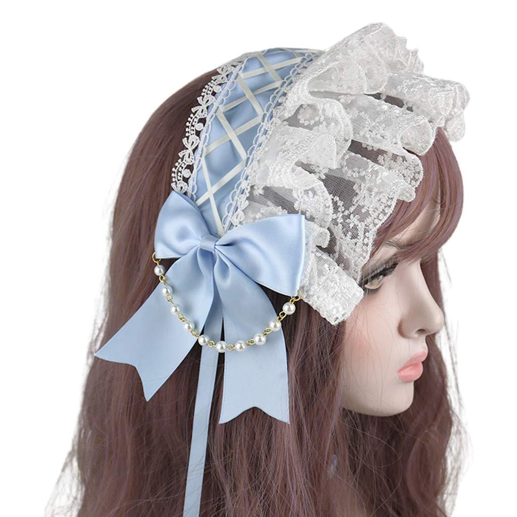SANGHAI SANGHAI Women Bandana Lolita Ruffled Lace Headband Crisscross Ribbon Bow Pearls Chain Maid Hair Band Light Blue