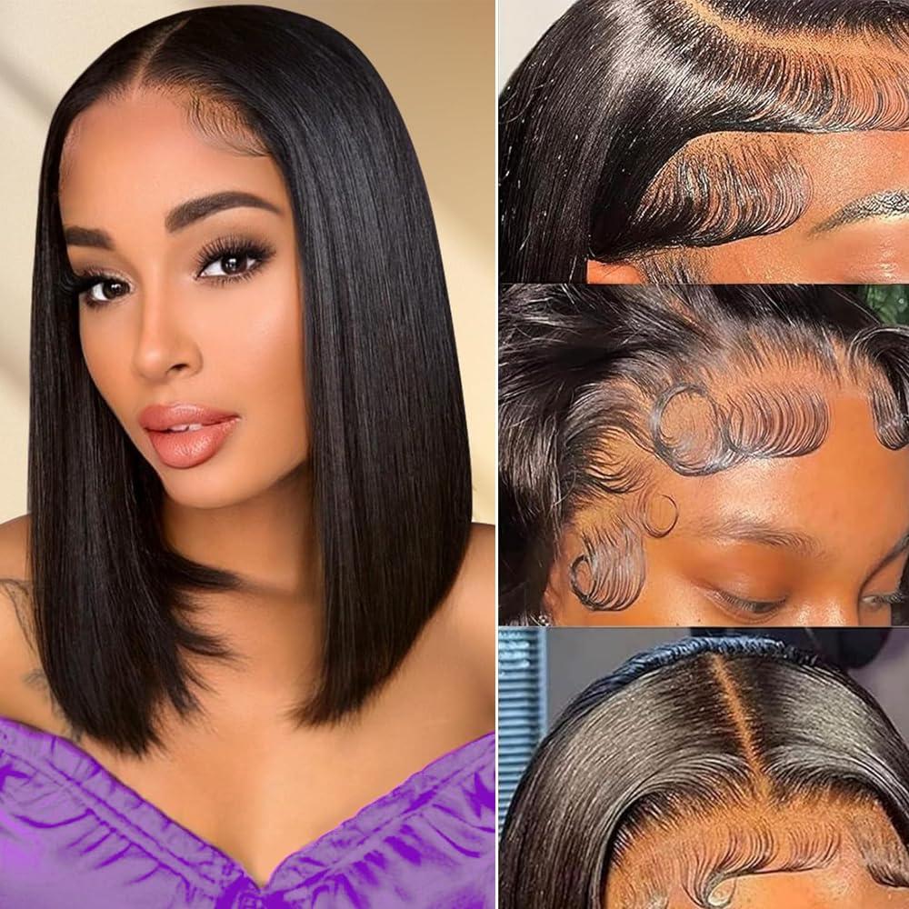 Hoscod Straight Brazilian Hair 12 inch Natural Black Bob Wig Human Hair 13x4 HD Transparent Lace Front Wigs Human Hair Pre Plucked 180% Density Glueless Short Bob Wig Human Hair Pre Plucked for Black Women.
