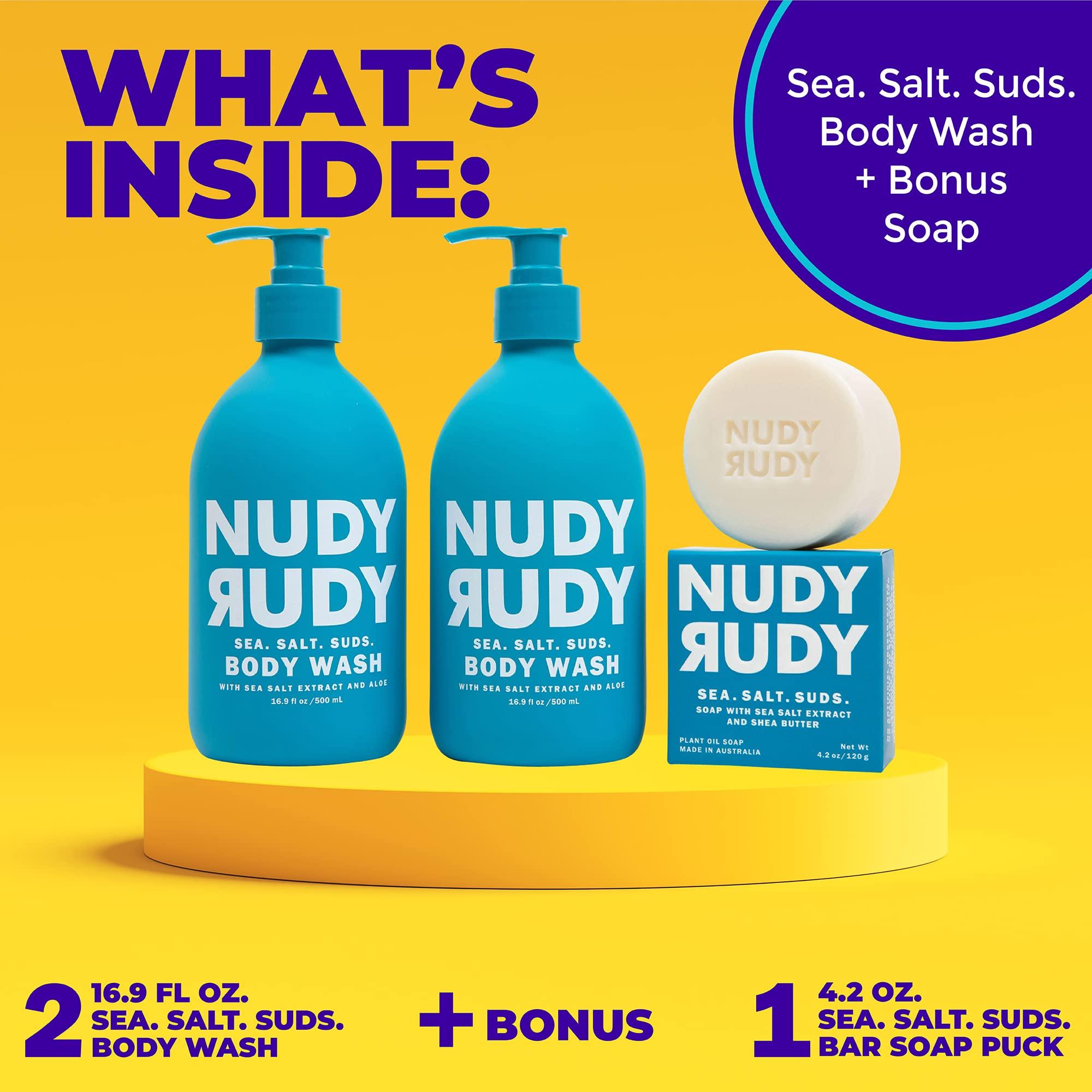Nudy Rudy Nudy Rudy Sea Salt Suds 2 Pack, Liquid Body Wash Bundle with Bonus Soap Bar, Aloe Vera and Vitamin E, Moisturizing Shower Gel and Hand Soap for Men and Women 16.9 fl oz and 4.2 oz