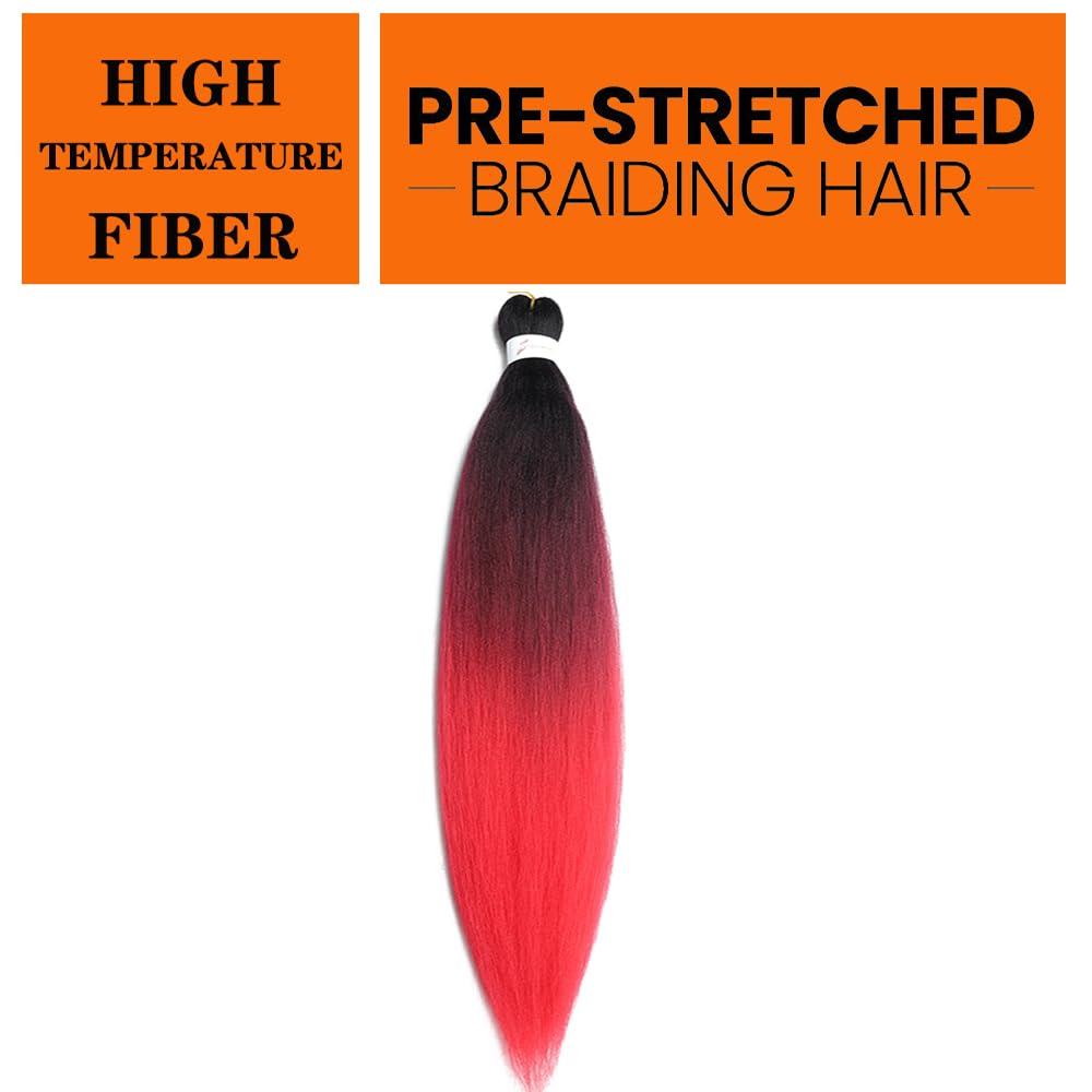 YUDAOHAIR Pre Stretched Braiding Hair 26 Inch Ombre Red Braiding Hair Extensions Hot Water Setting Crochet Box Braids Hair (26 Inch (Pack of 1), Black-Wine Red-Red)