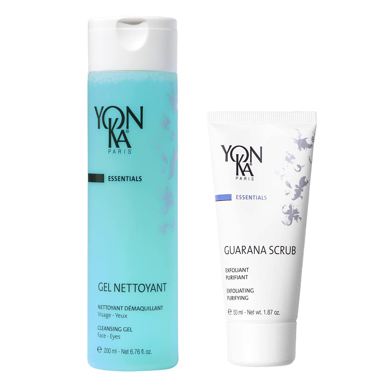 Yonka Yon-Ka Gel Nettoyant, Guarana Scrub Set, Gentle Foaming Face Wash and Makeup Remover, Facial Exfoliator and Detoxifying Scrub, Normal and Acne Prone Skin