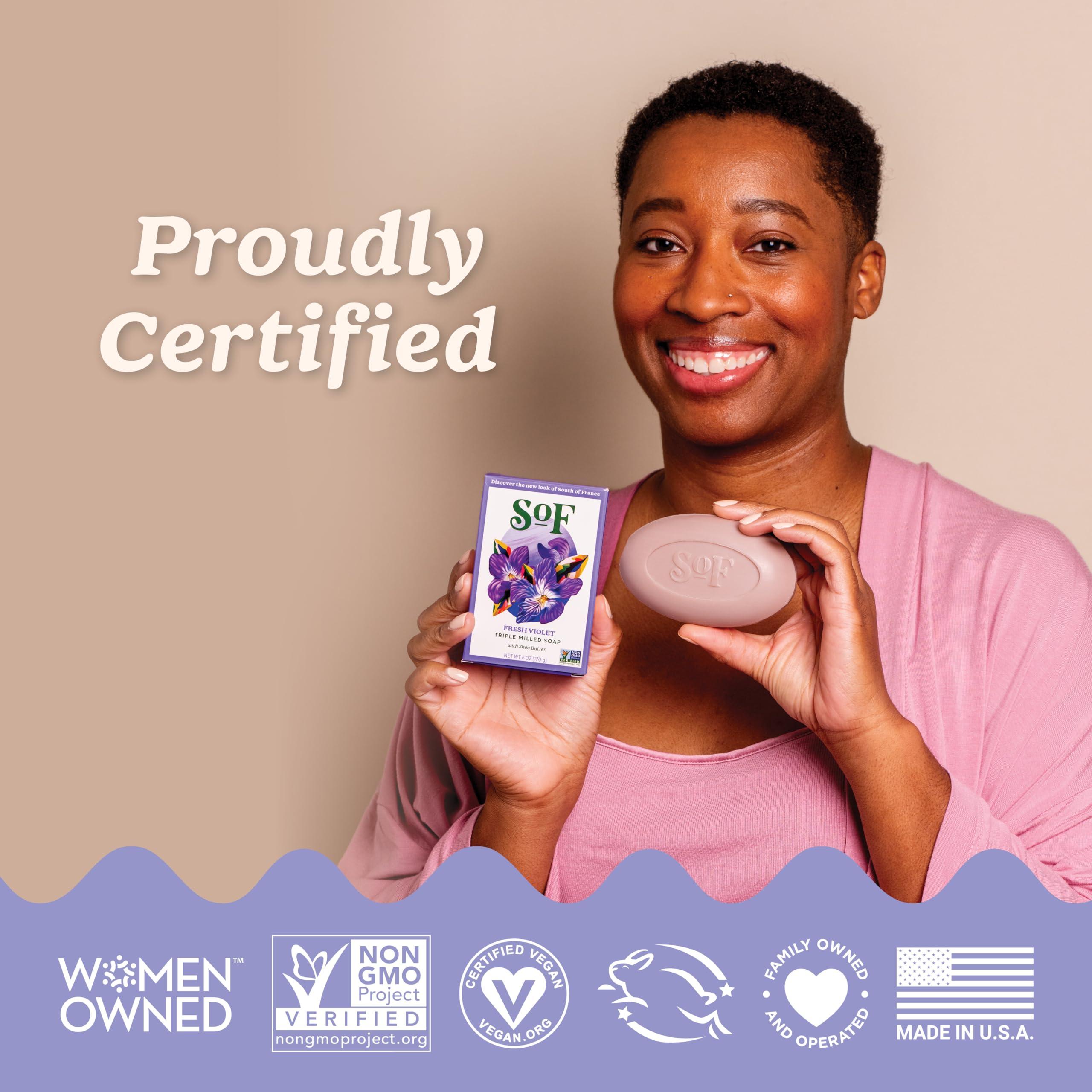 South of France Natural Body Care SoF Triple Milled Bar Soap - With Coconut Oil & Organic Shea Butter- Vegan & Non GMO- Free From Phthalates, Sulfates & Parabens- Fresh Violet- 6 oz Bar 6 Bars