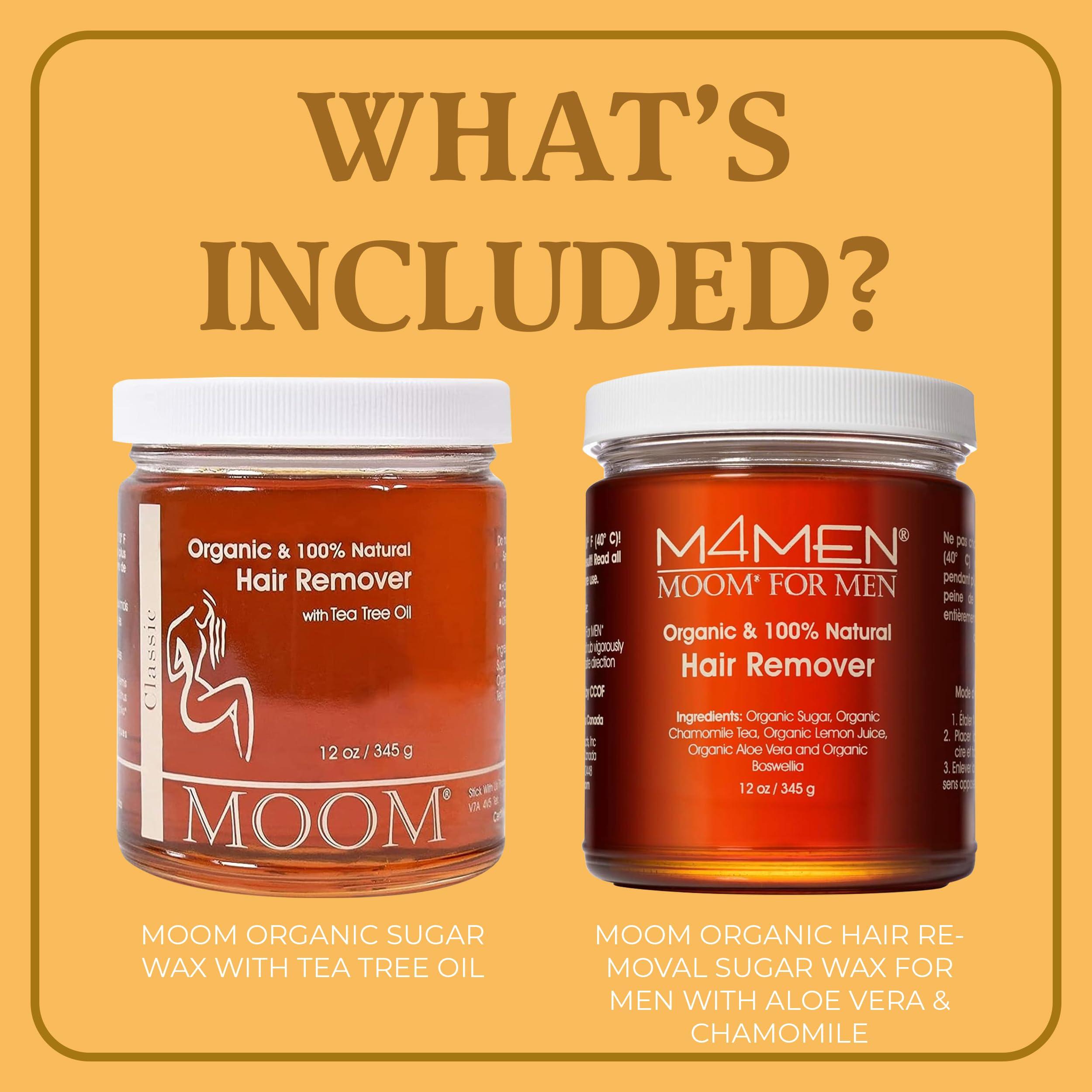 MOOM MOOM His & Hers Sugar Wax Kit - 12oz Jar for Women\'s Bikini, Brazilian, Face, Underarms & Legs + 12oz Jar for Men\'s Back, Chest, Eyebrows & Body - Made with Tea Tree Oil (Waxing Strips NOT Included)