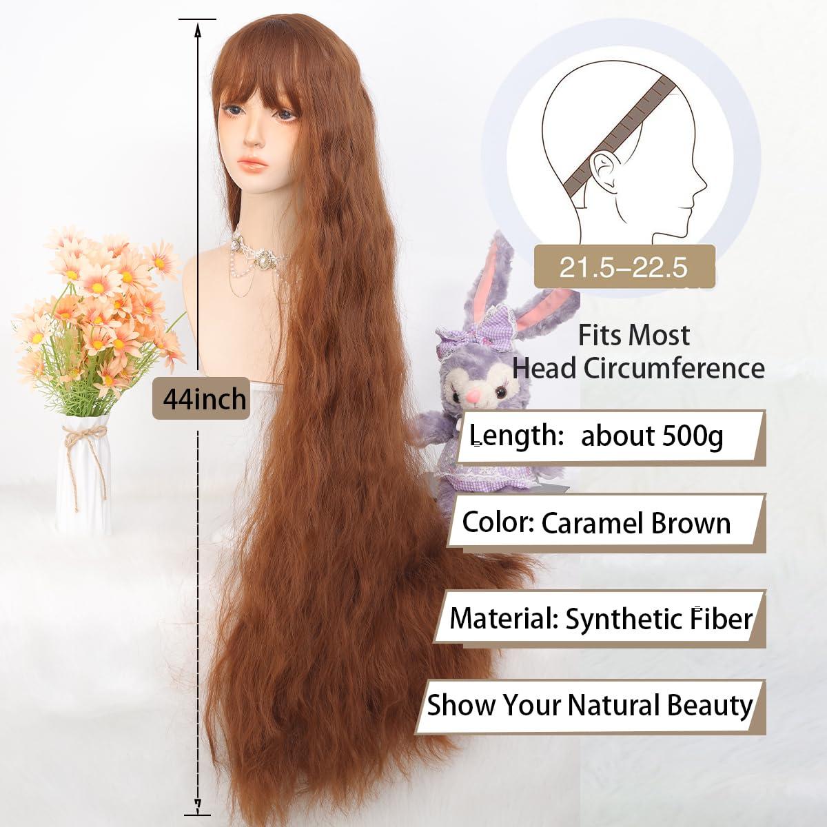 AOSIWIG AOSIWIG 44 Inch Extra Long wig,Wig with Bangs for Women long Wavy Ombre Caramel Brown Synthetic Wigs Heat -resistant hair, long cosplay curly hair for daily party(caramel colour)
