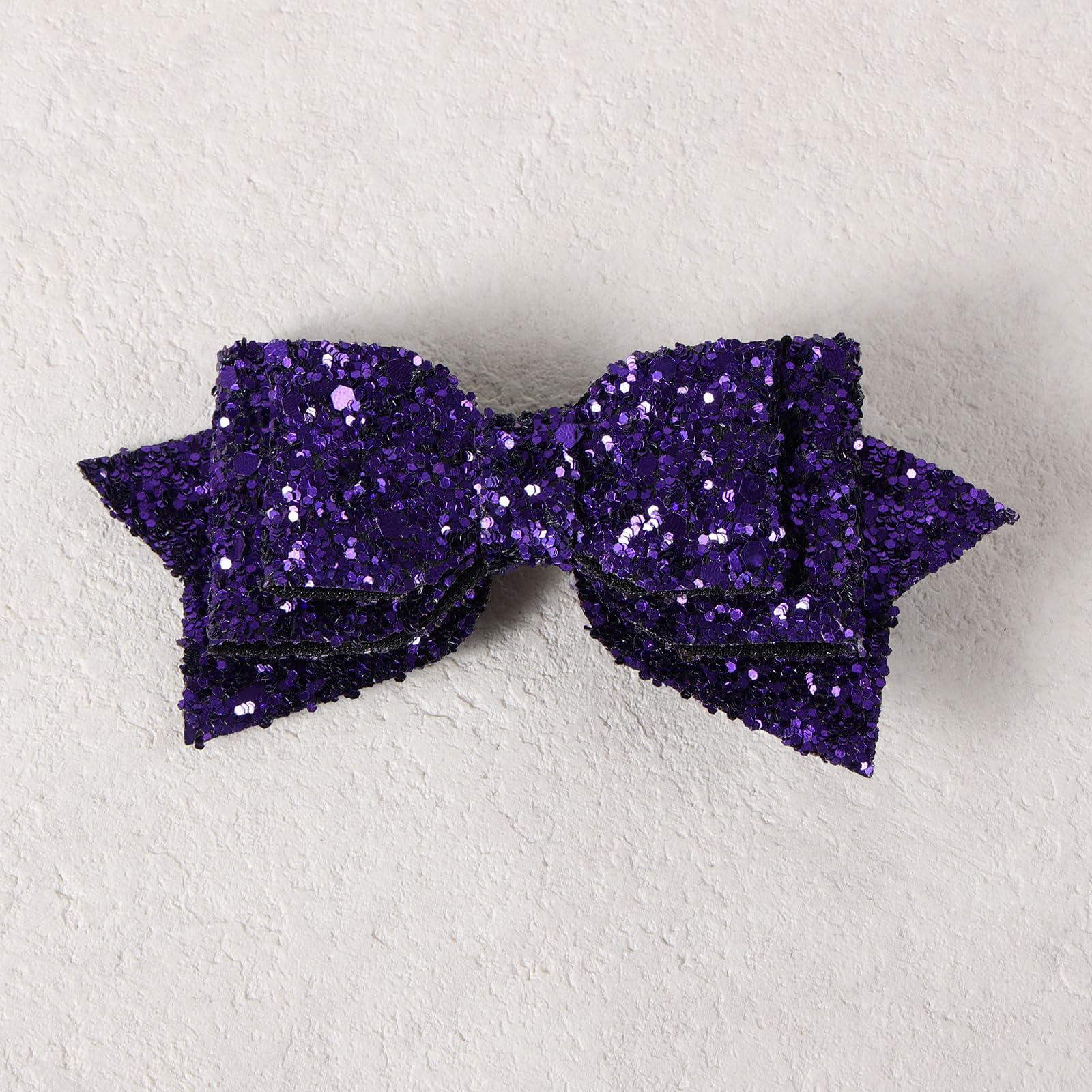 Miroksh 4\" Glitter Purple Hair Bow Clips Sparkling Sequin Alligator Barrettes Pins for Teens Toddler Cheerleader Girls Kids Halloween Costume Decor Accessory Back School Mardi Gras Gift