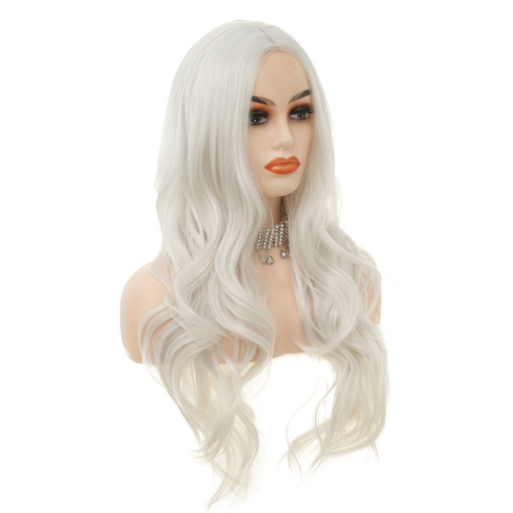 Siudus Siudus White Long Wig Curly Wavy Wigs for Women 26 Inch Synthetic Middle Part Fiber Natural Looking Hair Wig for Halloween Cosplay Party