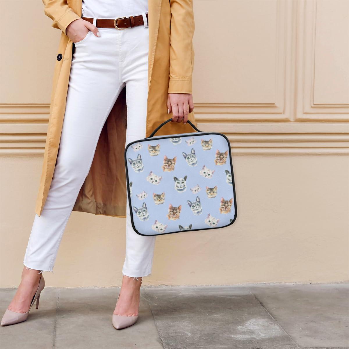 KOBLEN KOBLEN Travel Makeup Bag for Women Large Square Portable Professional Coquette Train Cosmetic Case with Handle Cat Collection