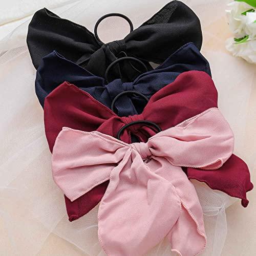 Blufly Blufly Ribbon Hair Scrunchies Printed Satin Silk Hair Scarves Striped Long Headband Plaid Hair Loop Bow Scrunchie Ponytail Holders Vintage Head Tie for Women and Girls (Pack of 4) (Style H)