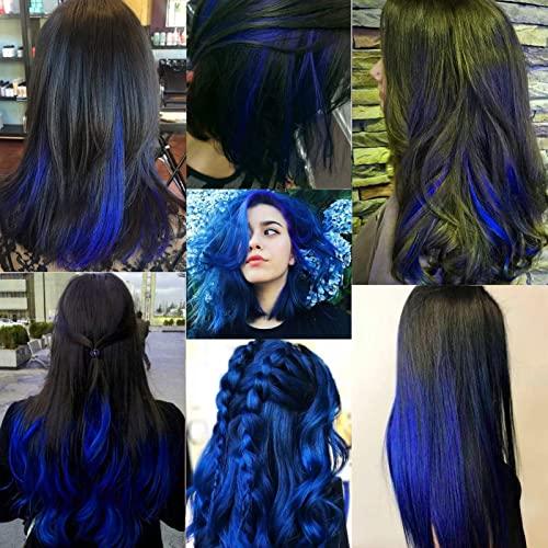 Olldag 12 PCS Blue Hair Extensions Clip in, 20 Inch Colored Hair Extensions Party Highlights Long Straight Synthetic Hairpieces for Women Kids Girls