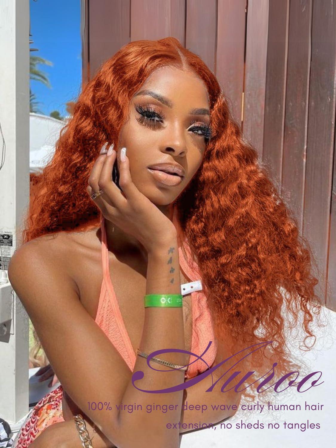 AUROO AUROO Ginger Bundles Human Hair 14 16 18 20 inch, Burnt Orange Deep Wave Human Hair Bundles Curly Ginger Hair 100% Virgin Remy Brazilian Weave Soft Thick 350 Ginger Wavy Bundles Human Hair Sew In